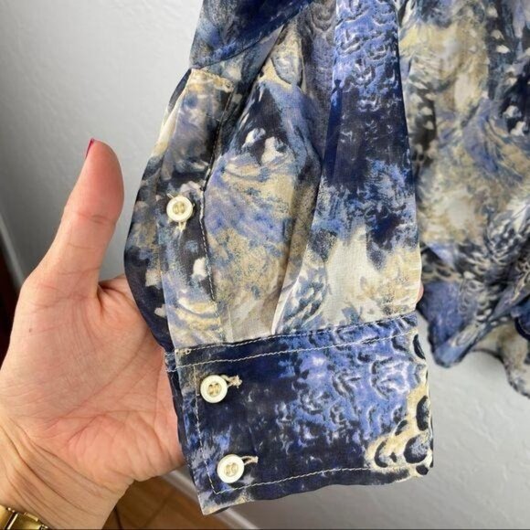 Free People Easy Rider Sheer Chiffon Button Down Blouse Cream and Blue Women's S - Picture 3 of 8